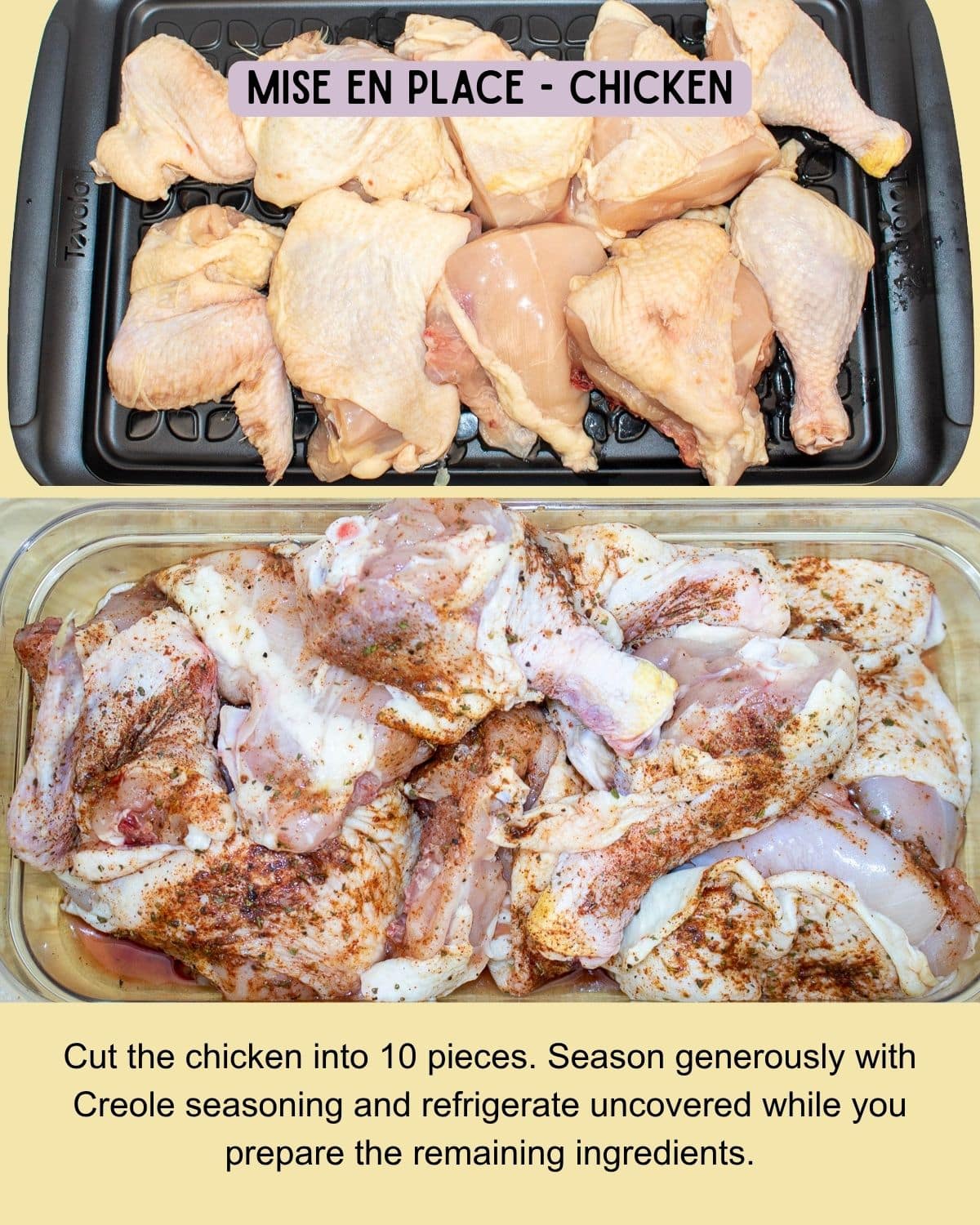 Seasoned chicken pieces prepared for browning in Chicken Sauce Piquante.