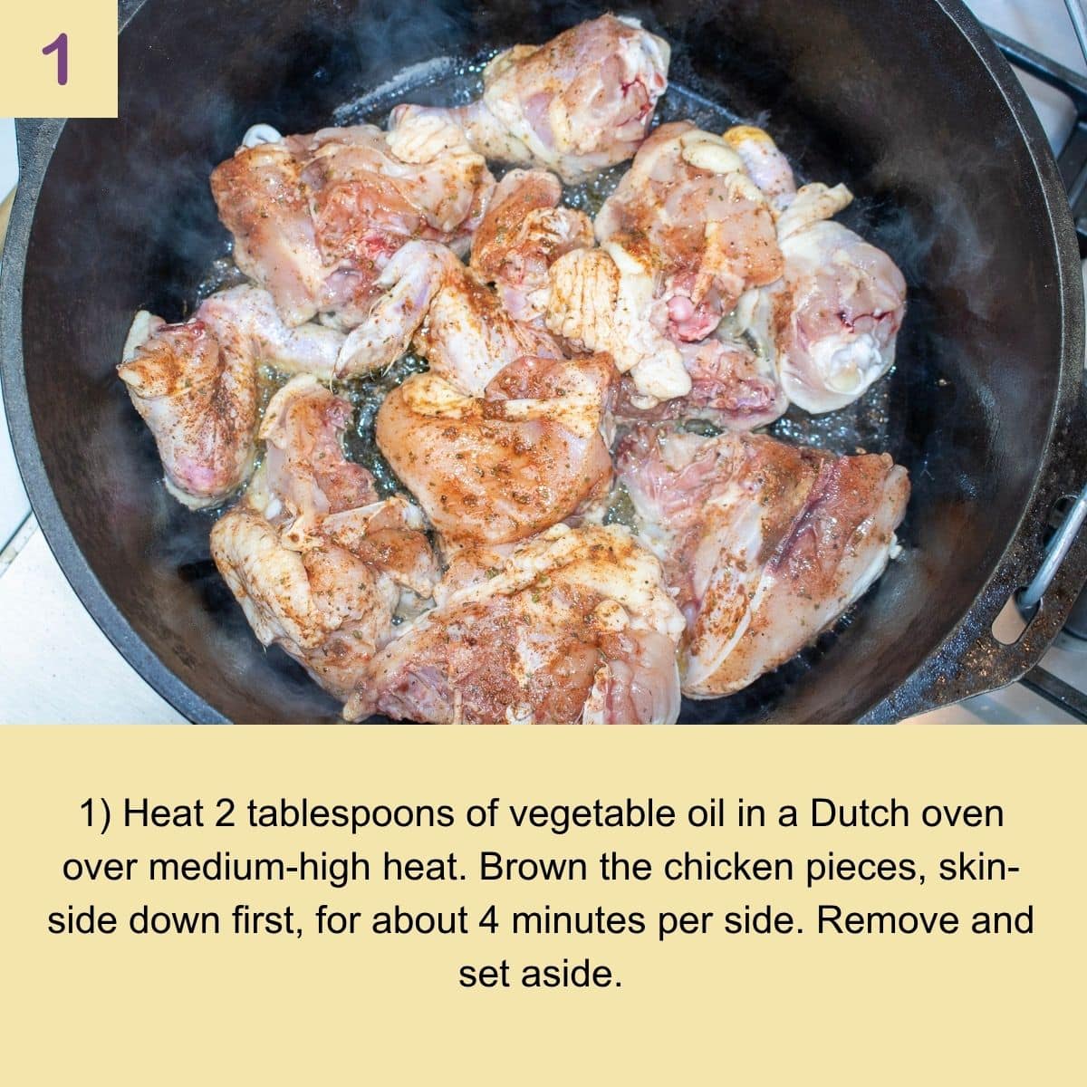 Chicken pieces browning in a Dutch oven to build flavor.