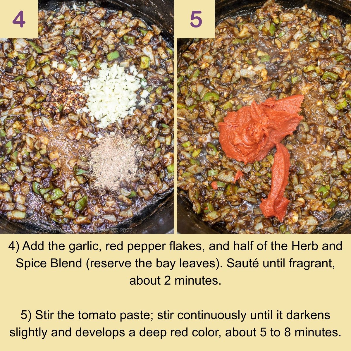 Tomato paste browning in the roux before wine and tomatoes are added.
