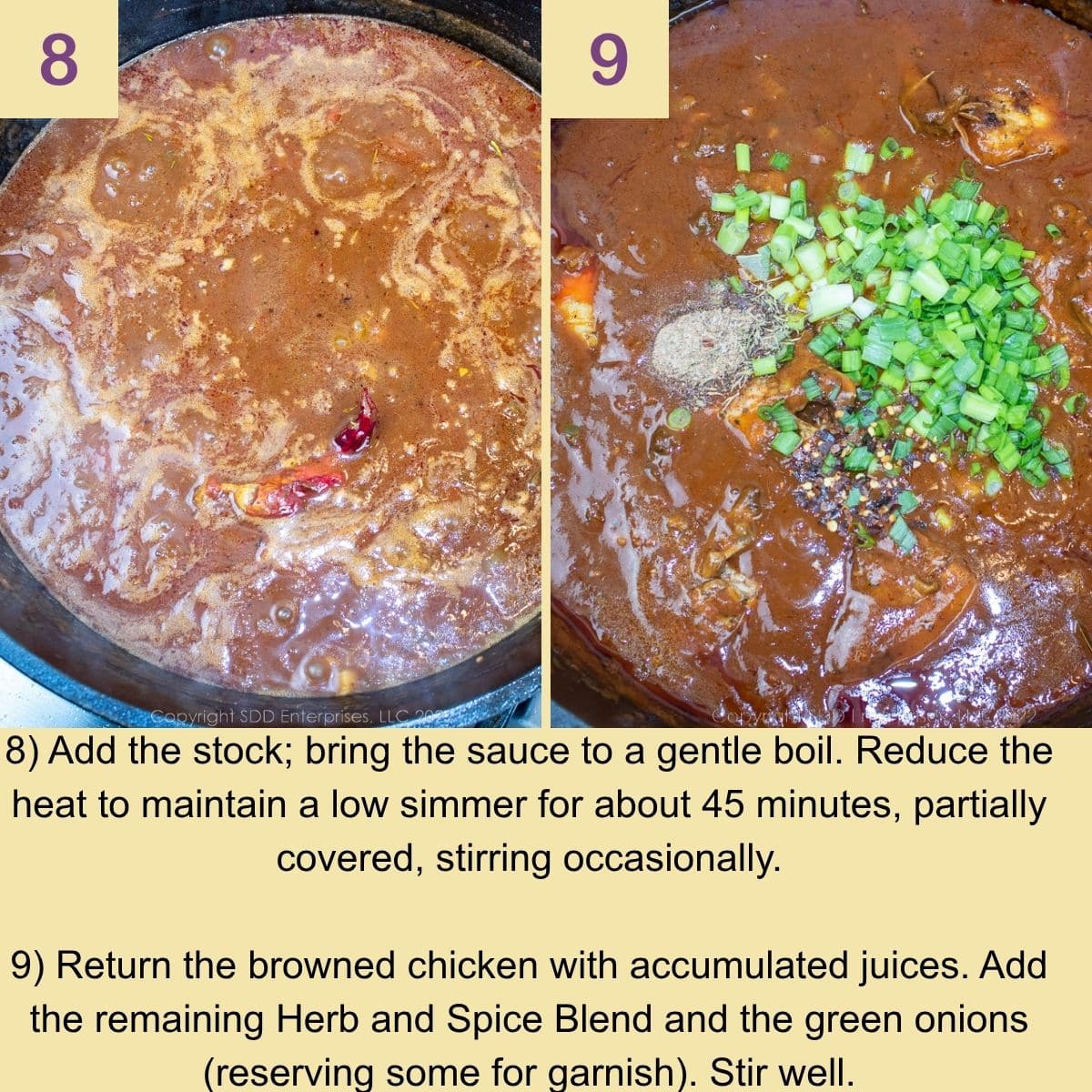 Chicken simmering in Sauce Piquante as the sauce thickens and flavors develop.