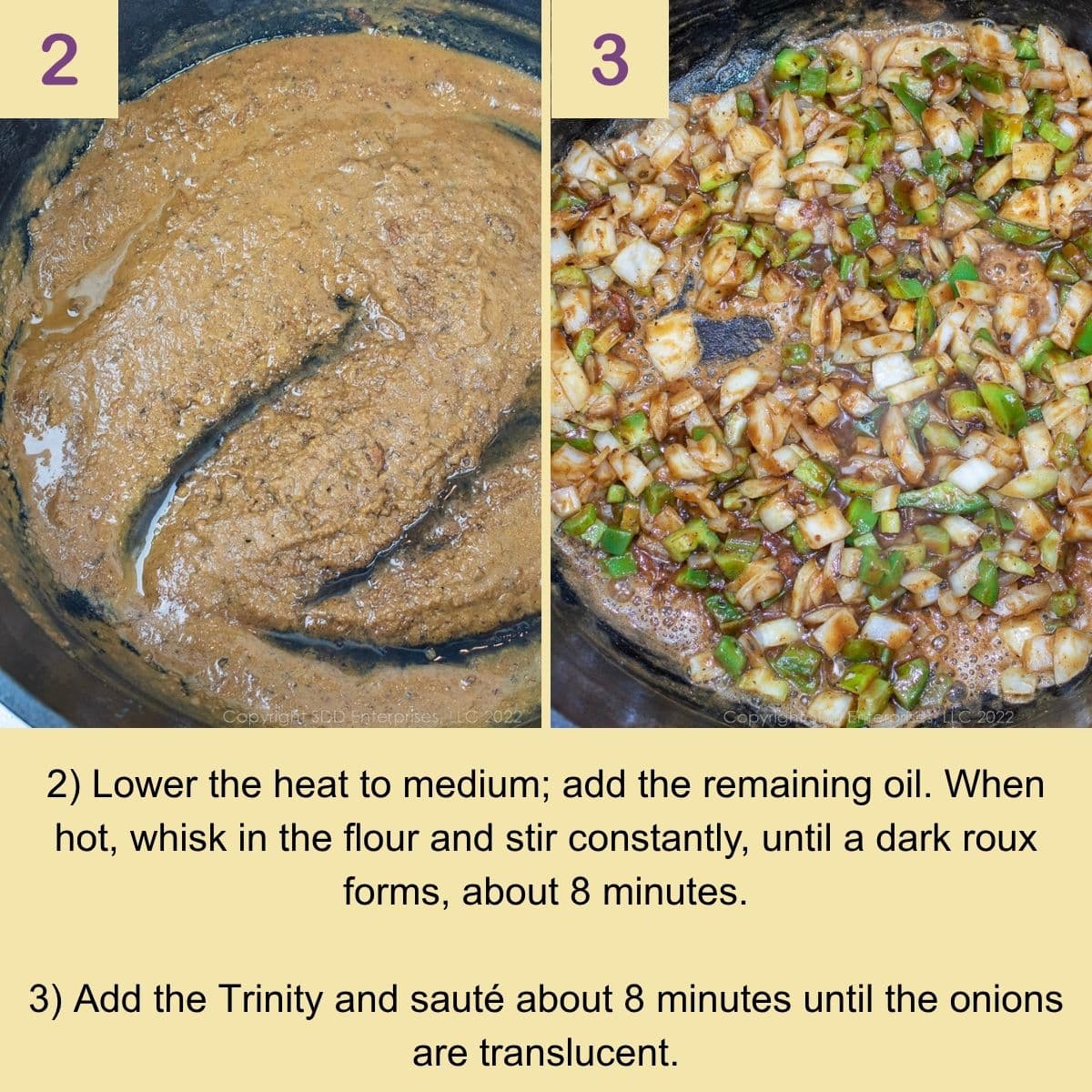 The Trinity sautéing in a dark roux with garlic and seasonings.