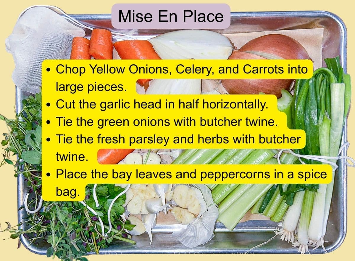 Prepared ingredients for crawfish stock, including shells, vegetables, herbs, and seasonings.