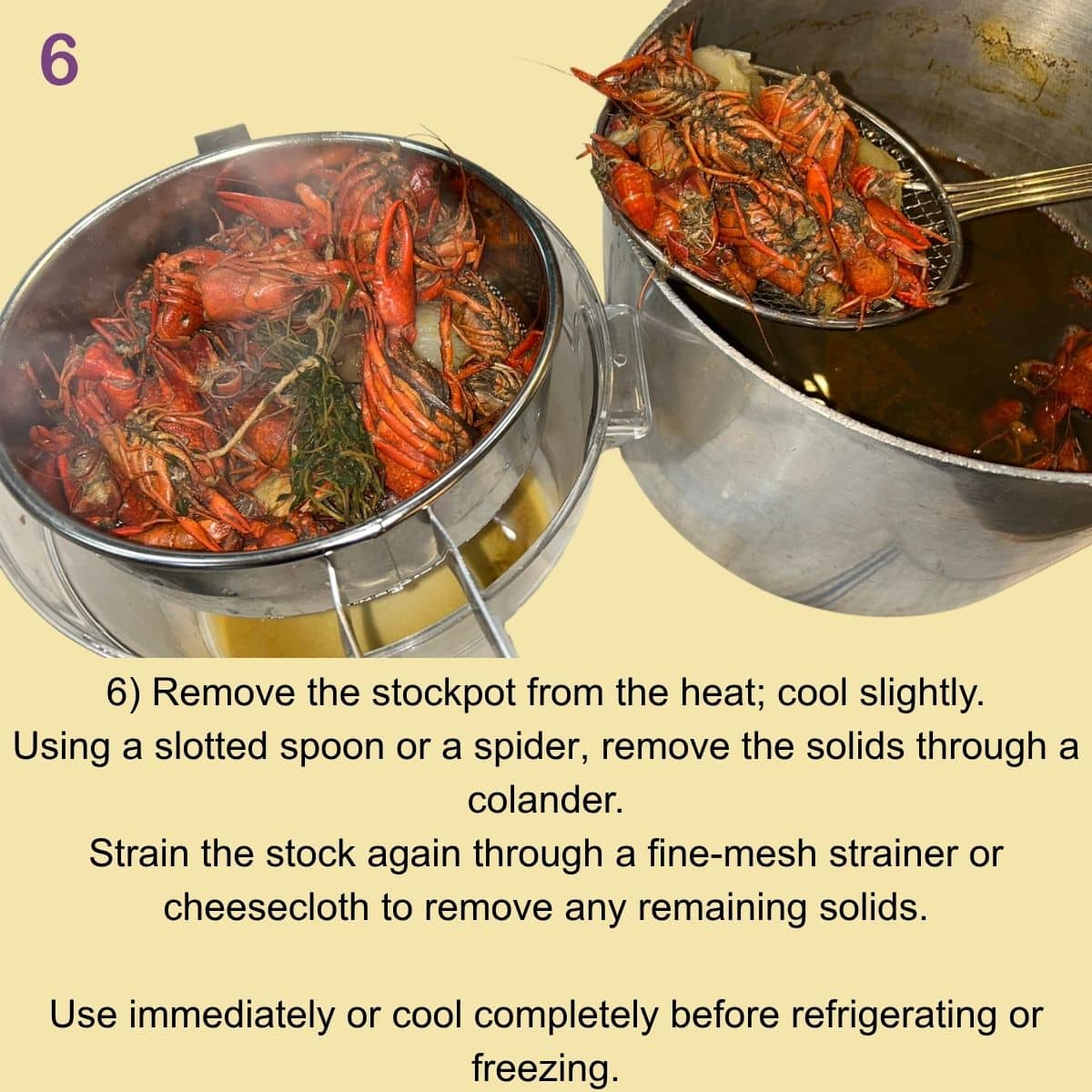 Finished crawfish stock, strained and ready for use in Cajun and Creole recipes.