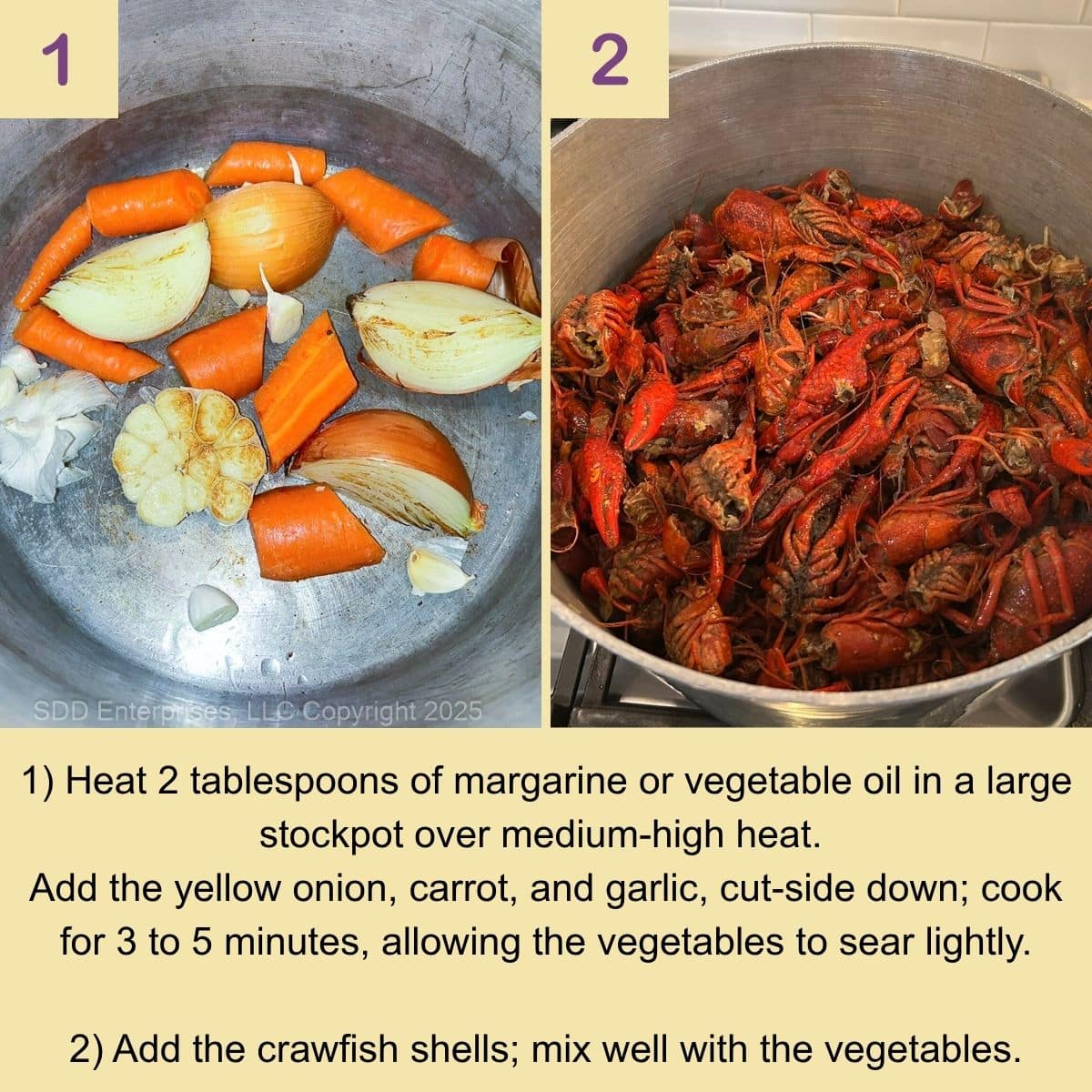 Onion, carrot, and garlic are lightly seared in a stockpot before adding crawfish shells.