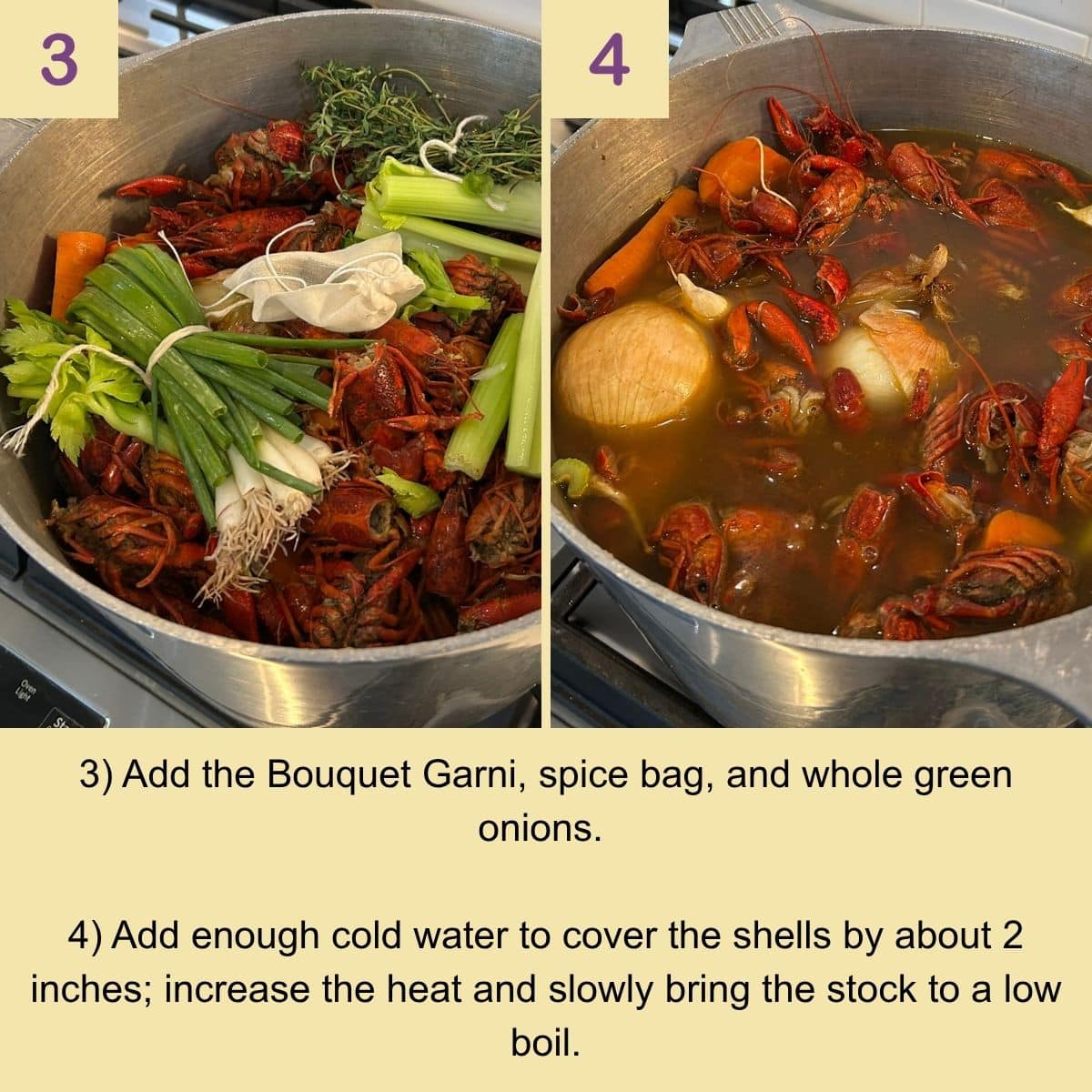 Crawfish shells and aromatics are combined in a stockpot before adding water.
