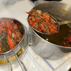 Straining crawfish shells from a stock pot while making homemade stock.