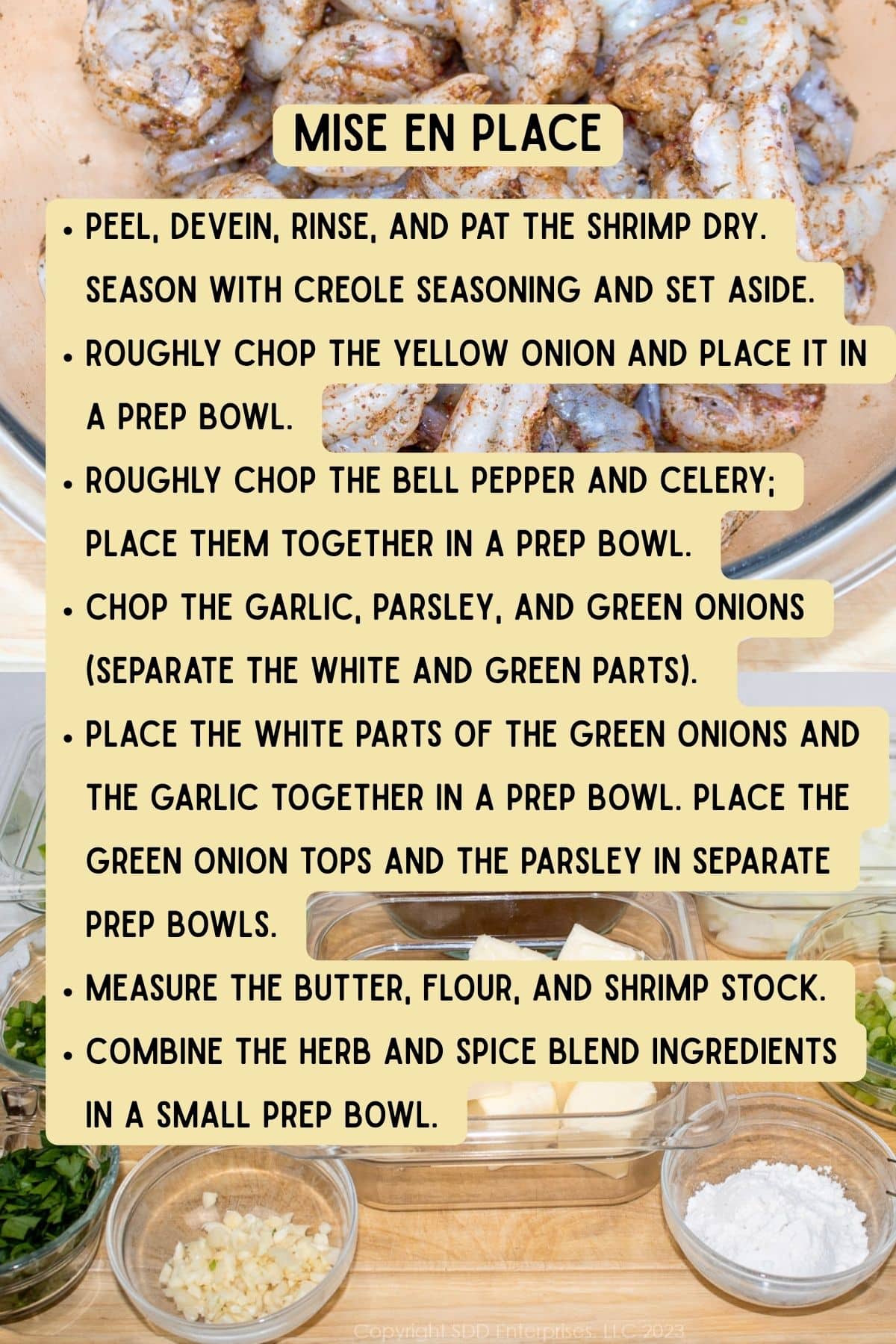 Steps for mise en place for shrimp etouffee.