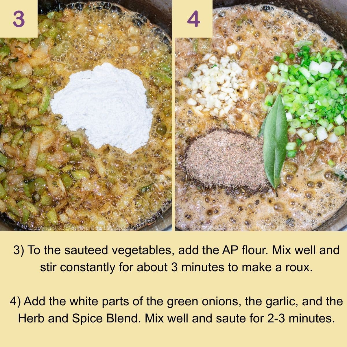 Adding flour and seasonings to the trinity to make shrimp etouffee.