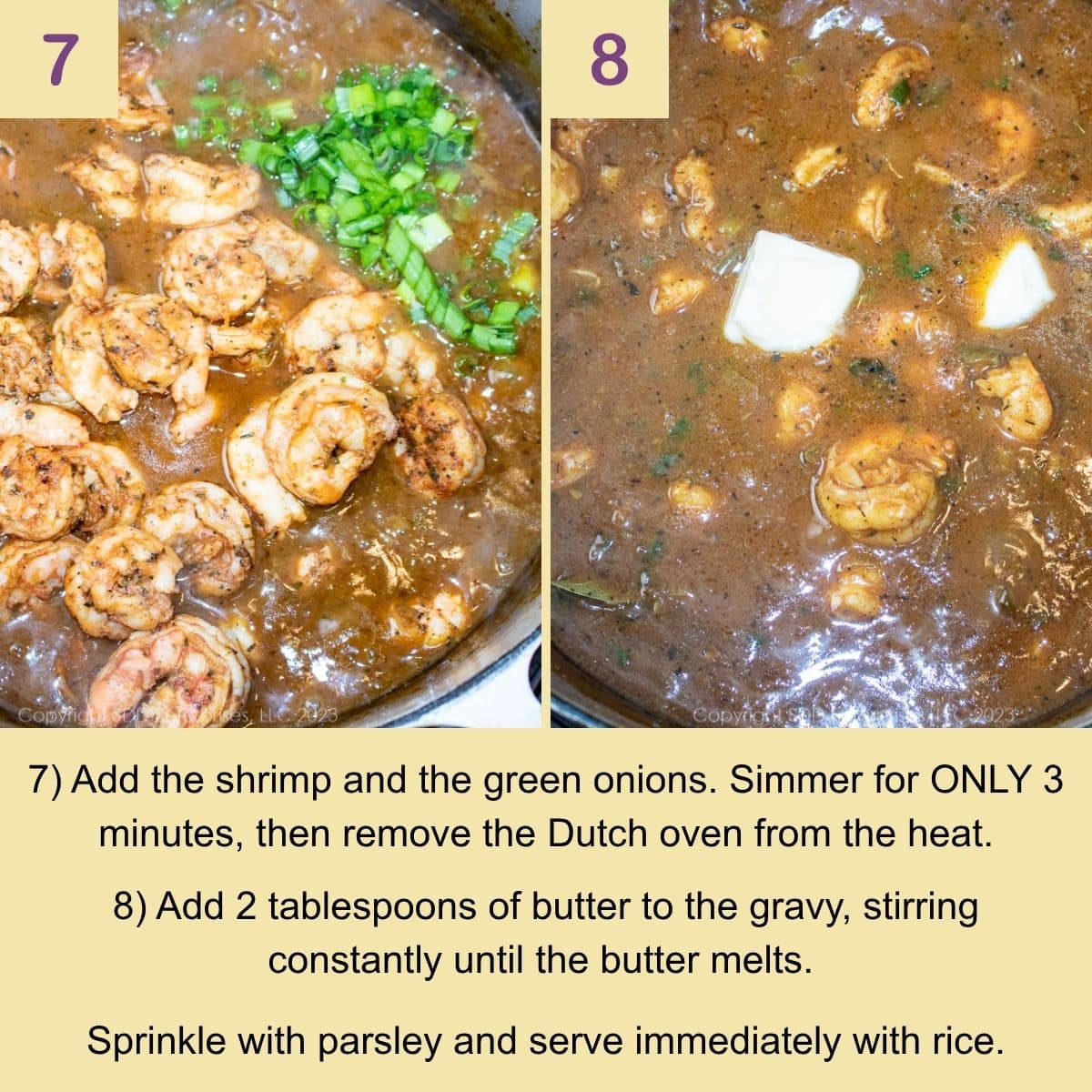 Adding shrimp and finishing the gravy with butter.