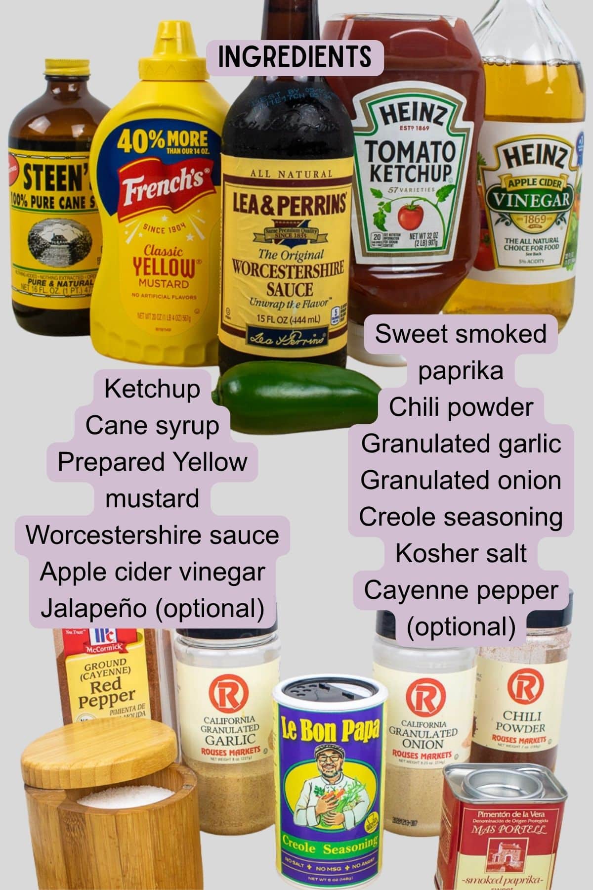 Ingredients for homemade Cajun BBQ Sauce including cane syrup, ketchup, mustard, vinegar, herbs, and spices.