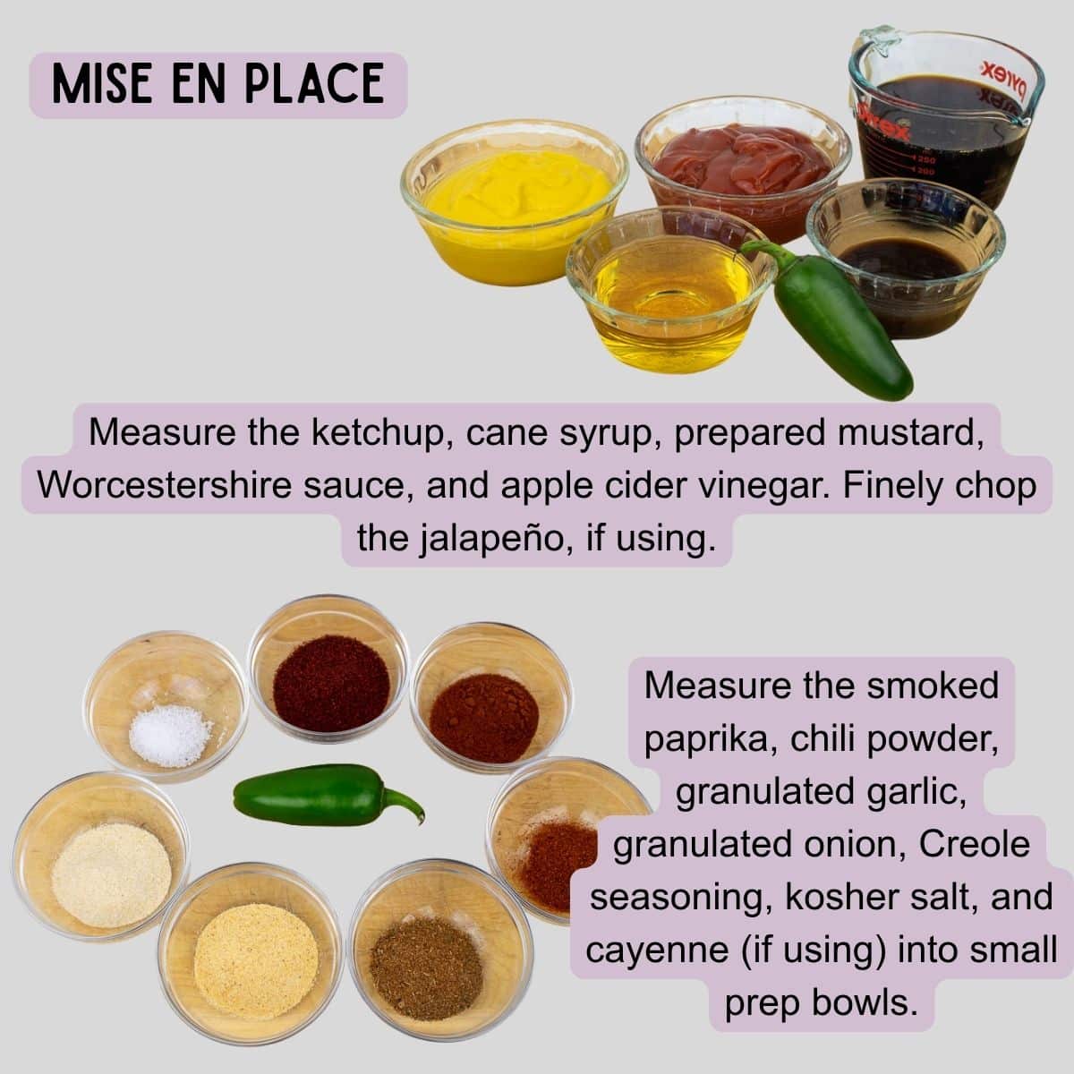 Measured ingredients for Cajun BBQ Sauce arranged in prep bowls before cooking.