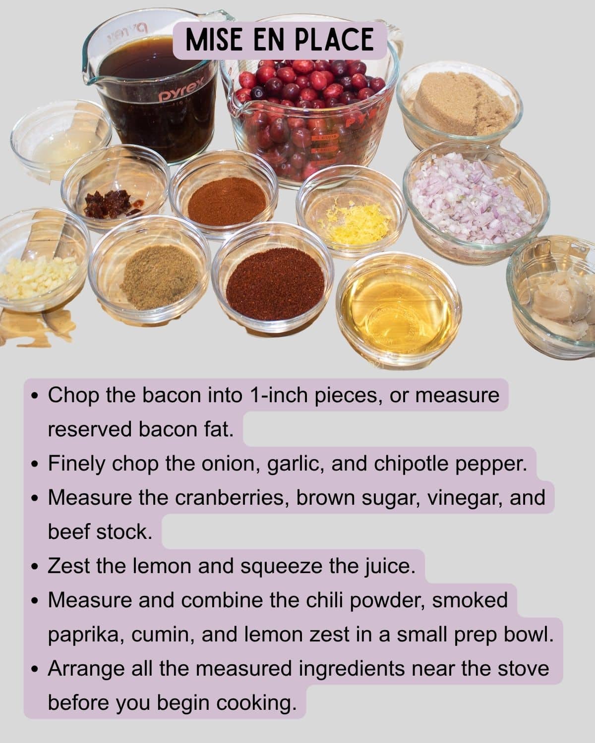 Cranberry BBQ Sauce ingredients measured and prepared before cooking.