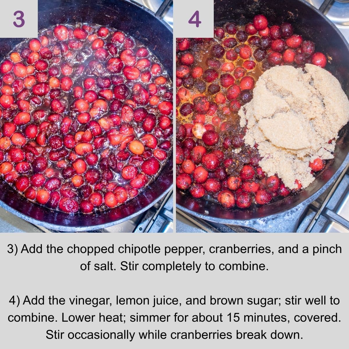 Cranberries simmering with chipotle peppers and seasonings until softened for homemade BBQ sauce.
