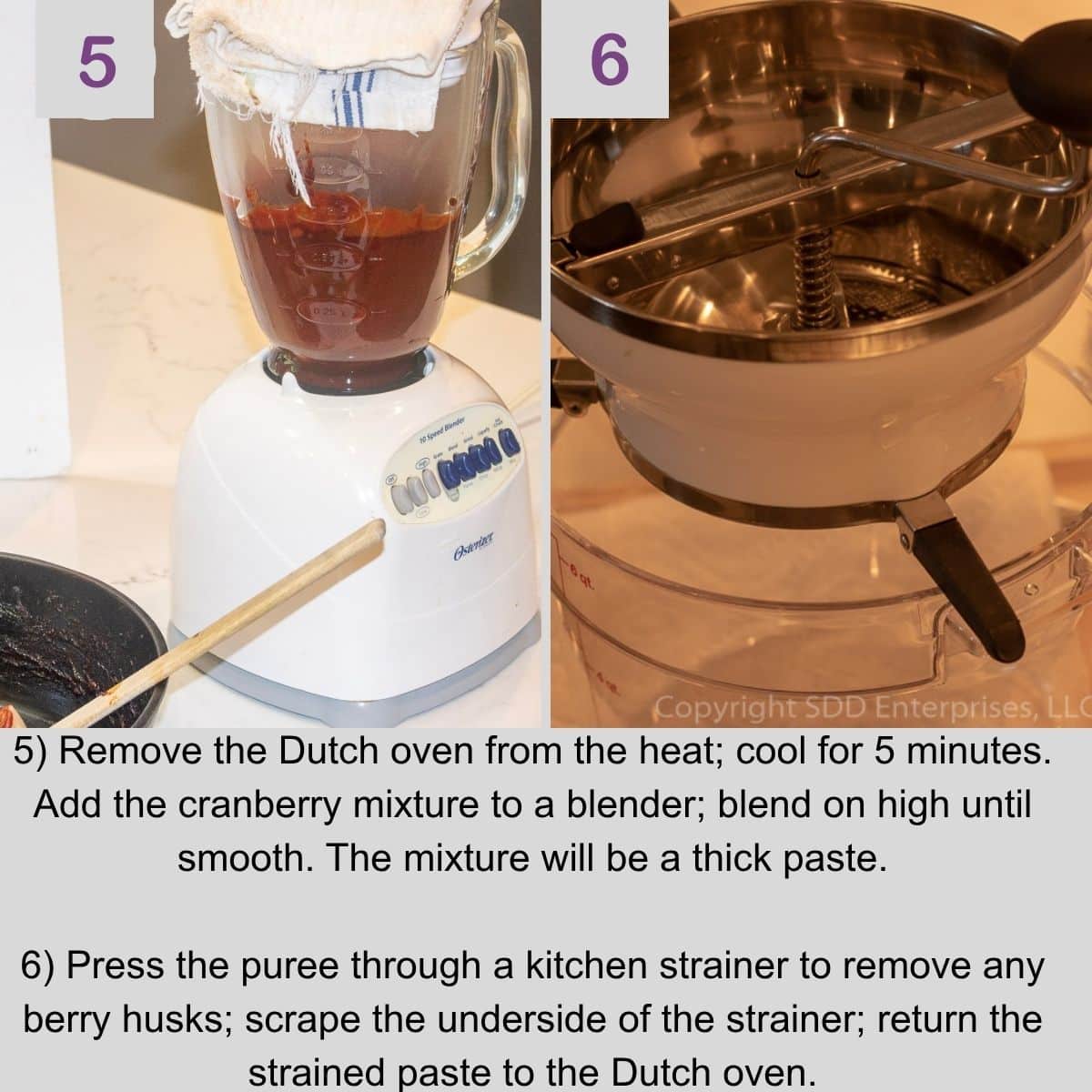 Blending and straining Cranberry BBQ Sauce until smooth.