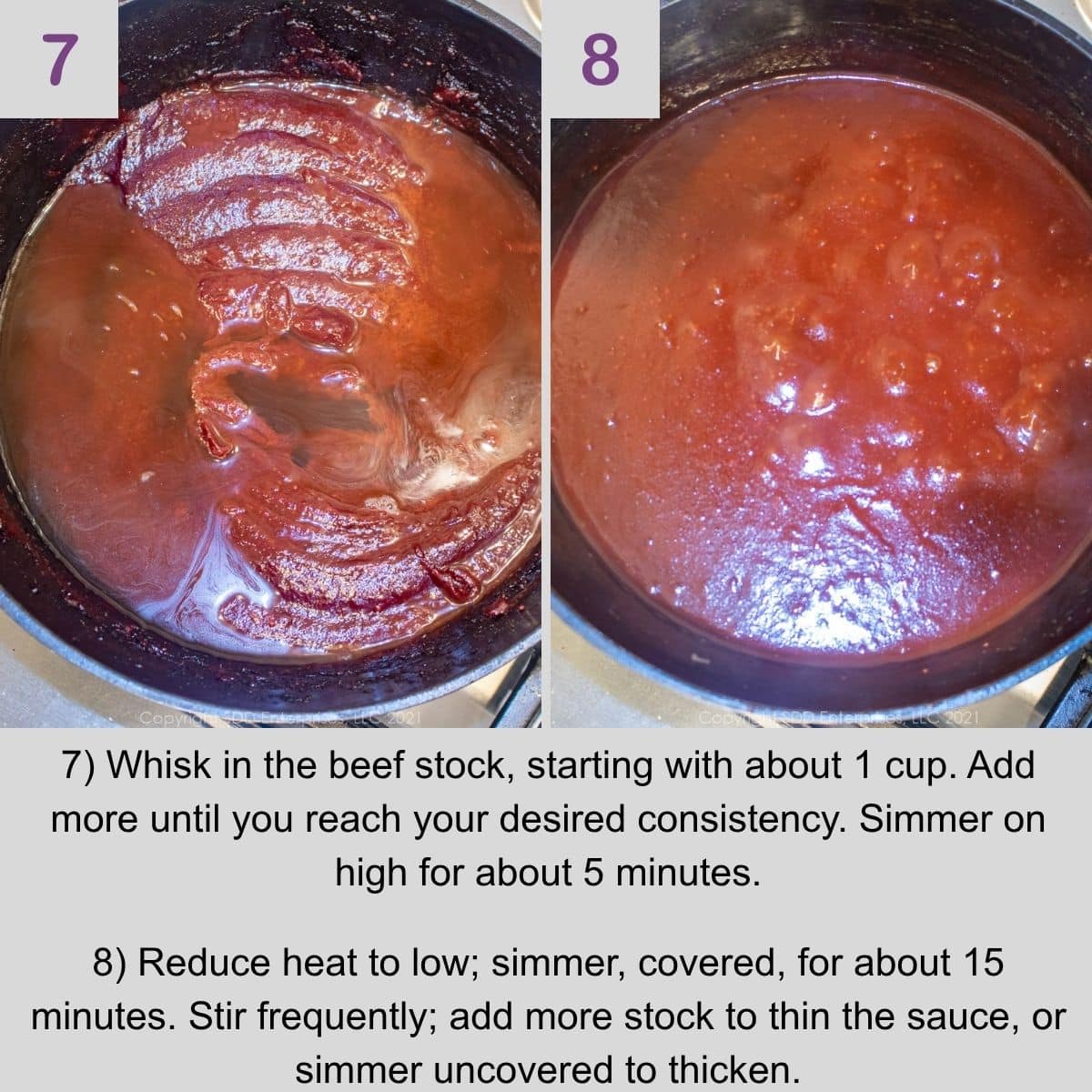 Whisking beef stock into Cranberry BBQ Sauce until smooth and simmering.