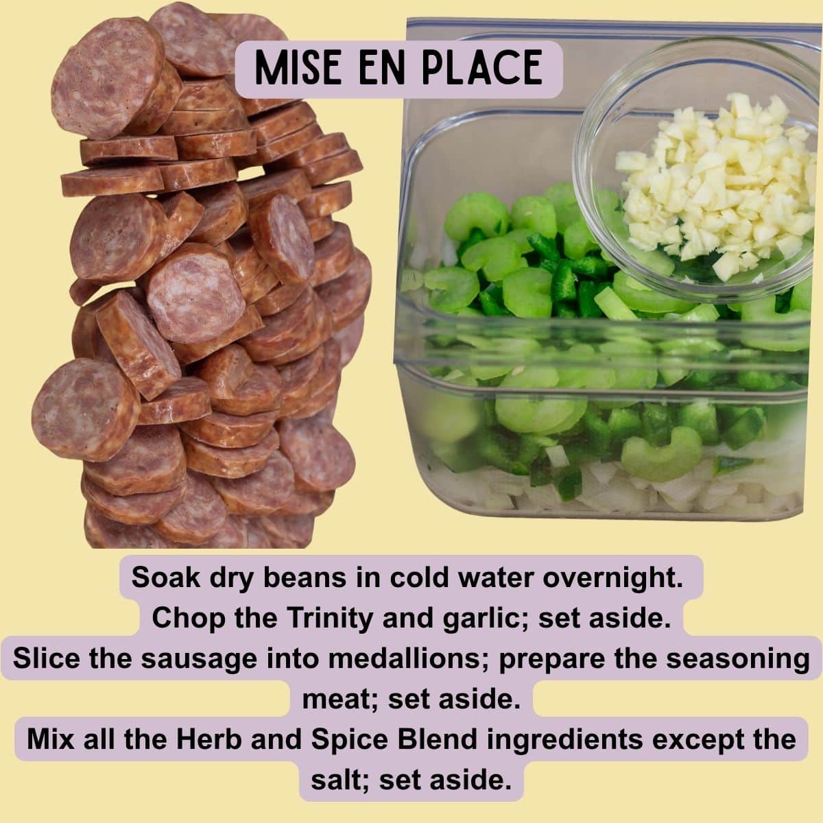 Prepared ingredients for New Orleans Red Beans and Rice arranged before cooking.