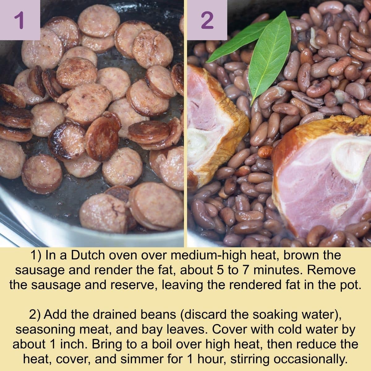 Browning smoked sausage and adding beans and seasoning meat to begin simmering.