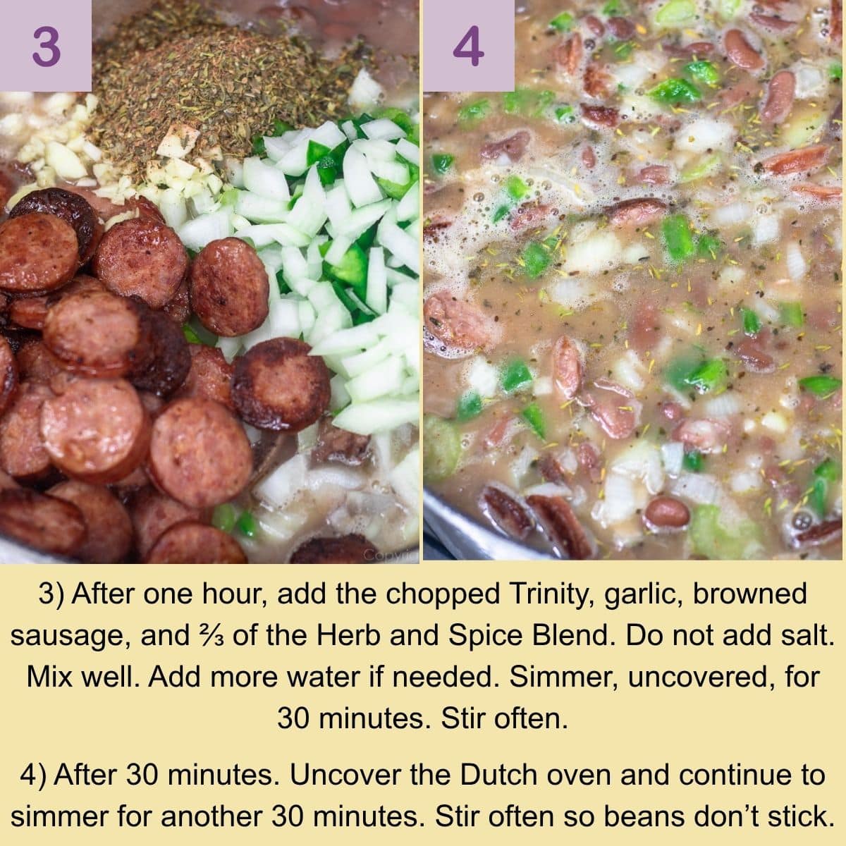 Adding the Trinity, garlic, herbs, and seasonings to simmering red beans.