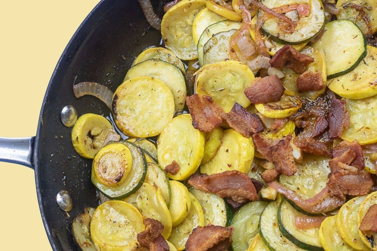 Sautéed yellow squash and zucchini with red onion, lemon, herbs, and bacon.