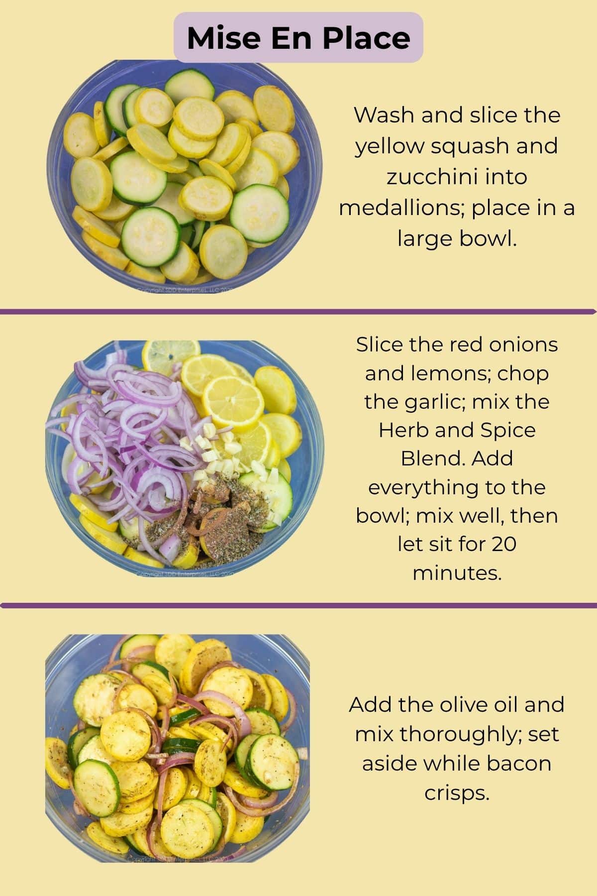 Sliced yellow squash, zucchini, red onion, lemon, garlic, seasonings, and chopped bacon.