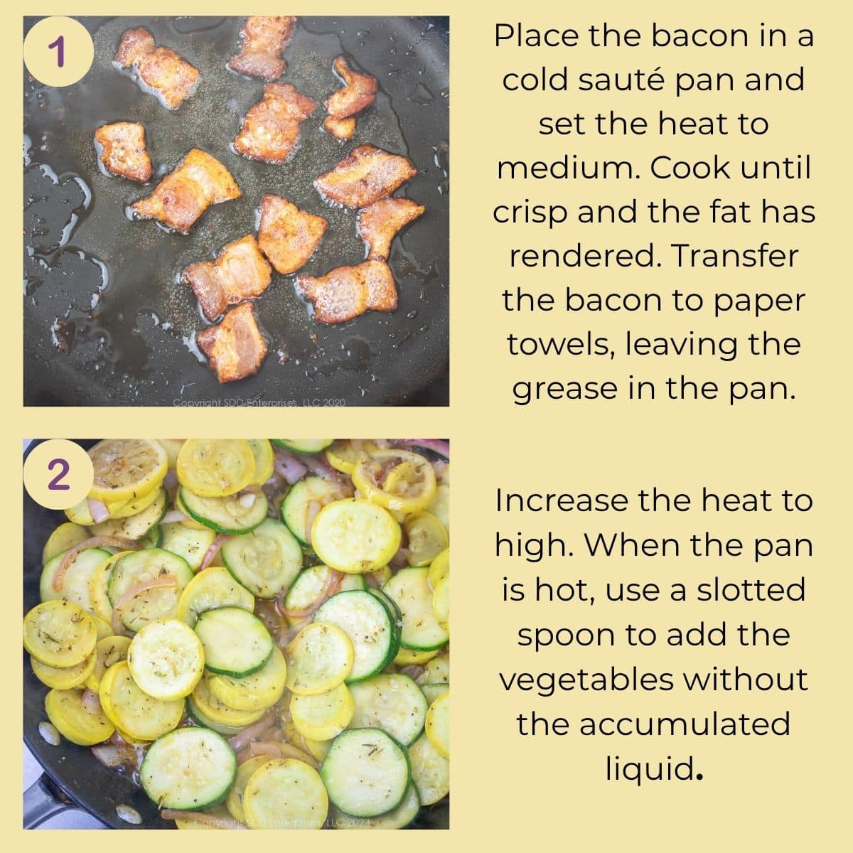 Bacon cooking in a skillet before the seasoned squash and zucchini are added.