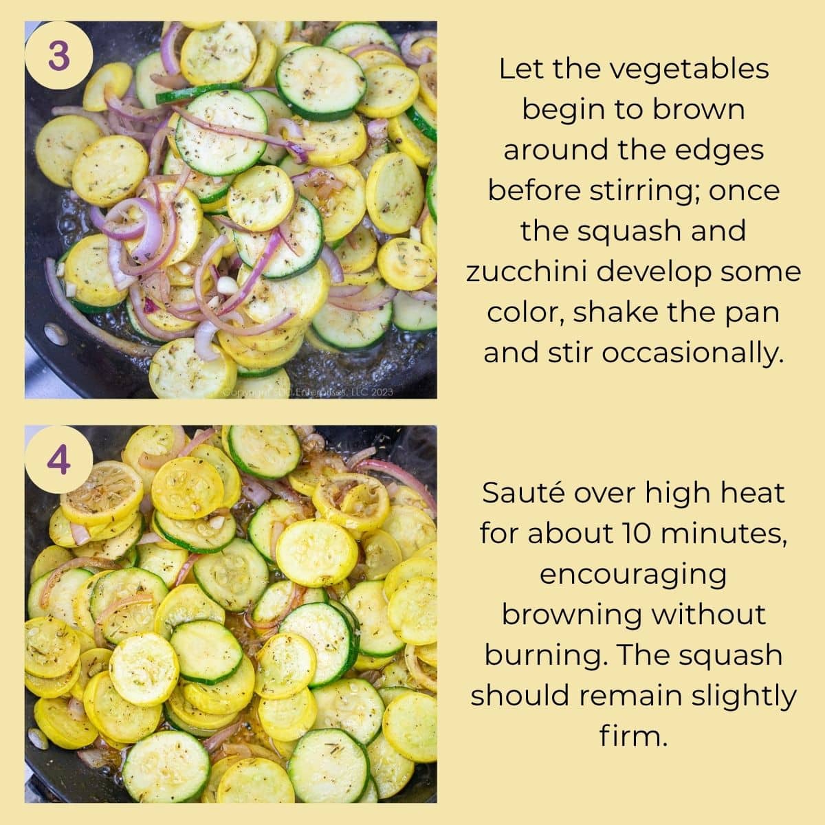 Yellow squash, zucchini, red onion, and lemon sautéing over high heat.