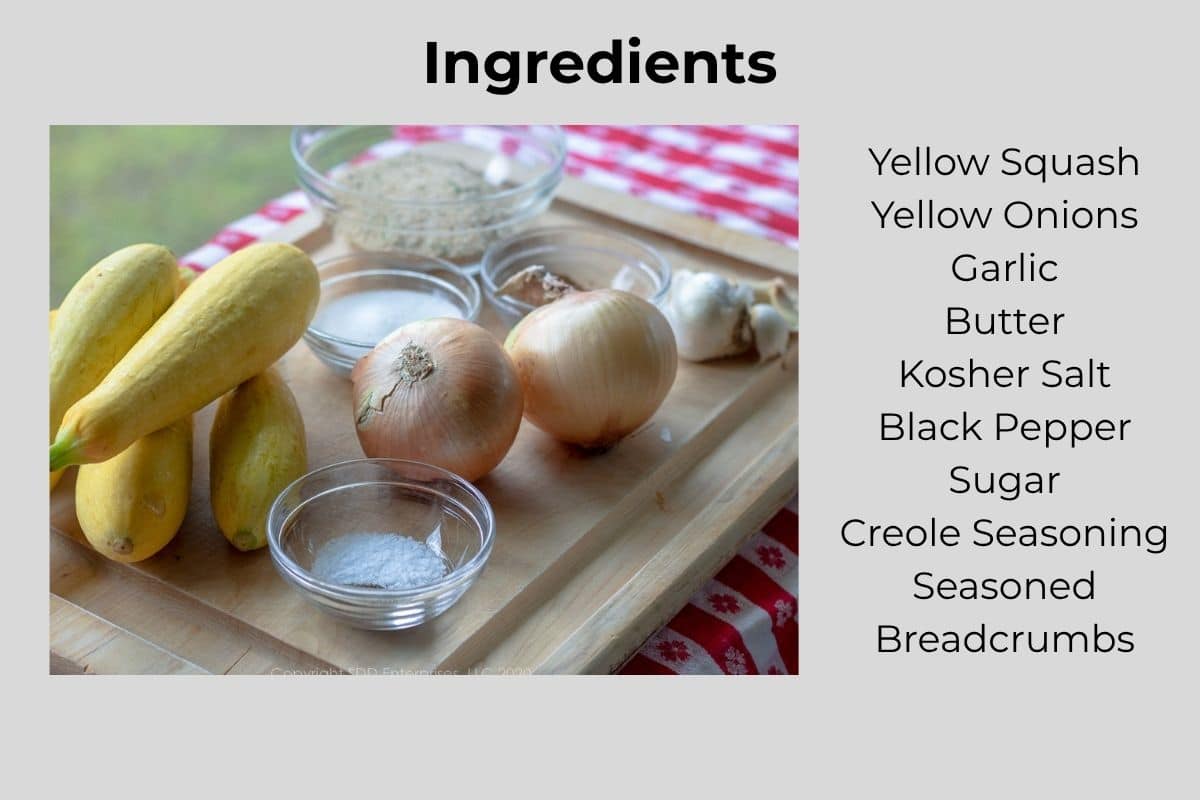 Ingredients for yellow squash casserole arranged on a cutting board.