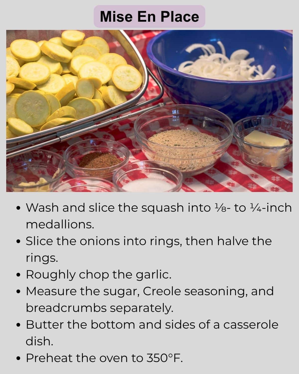 Sliced yellow squash, onions, garlic, seasonings, breadcrumbs, and butter prepared for yellow squash casserole.