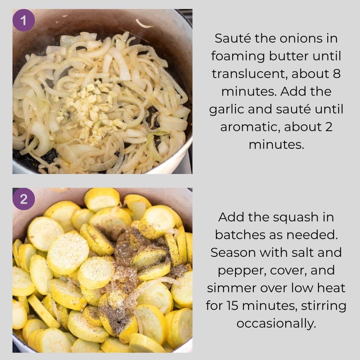 Sautéing onions and garlic before adding sliced yellow squash to the Dutch oven.