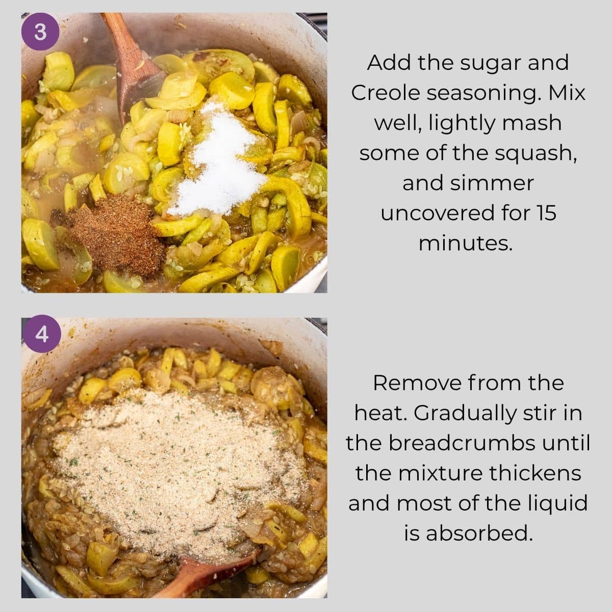 Seasoning the cooked squash and stirring in breadcrumbs to absorb the remaining liquid.