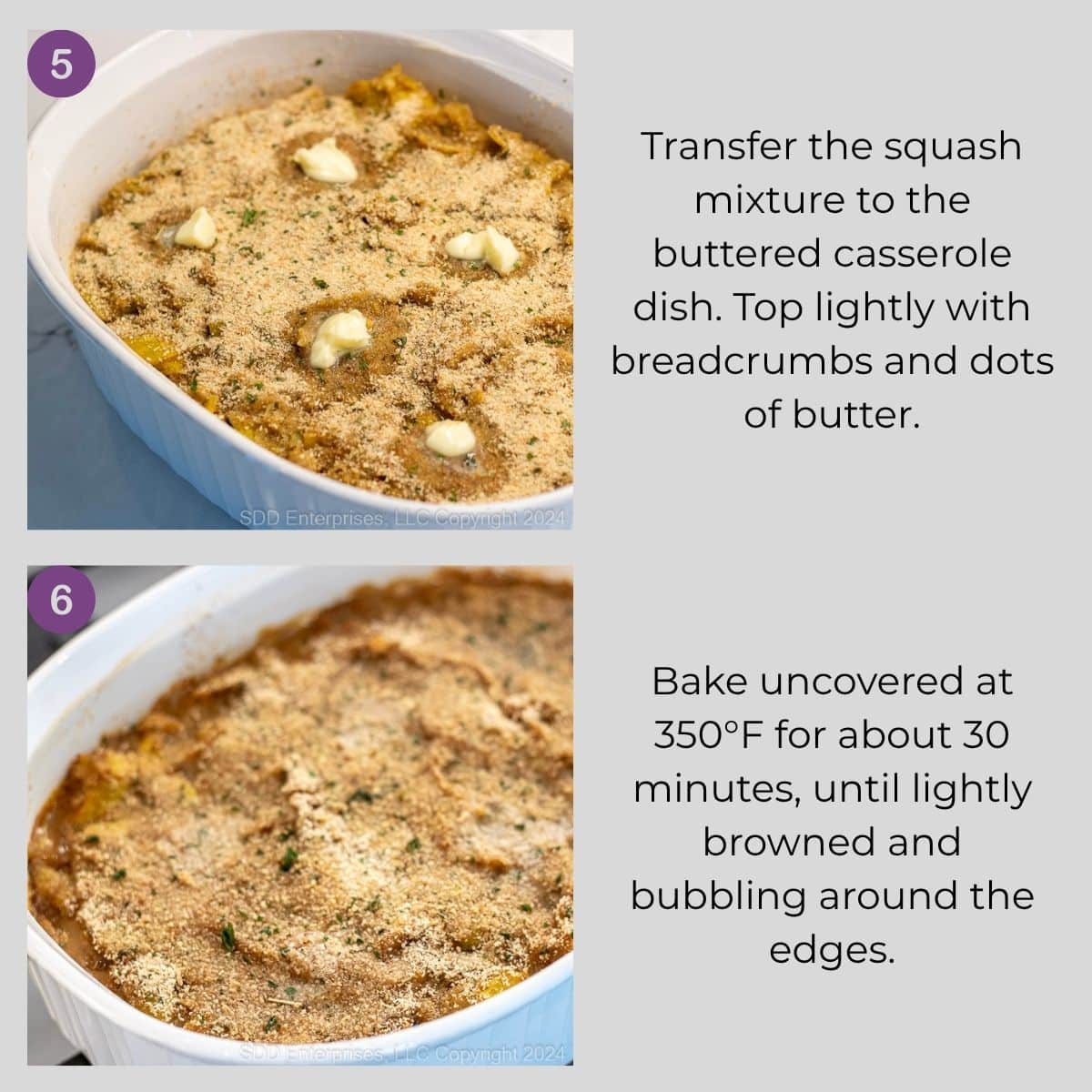 Topping the squash casserole with breadcrumbs and butter before baking until browned.