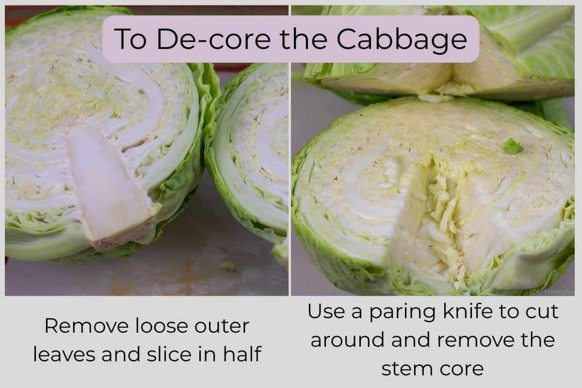 Removing the hard core from a halved head of green cabbage.