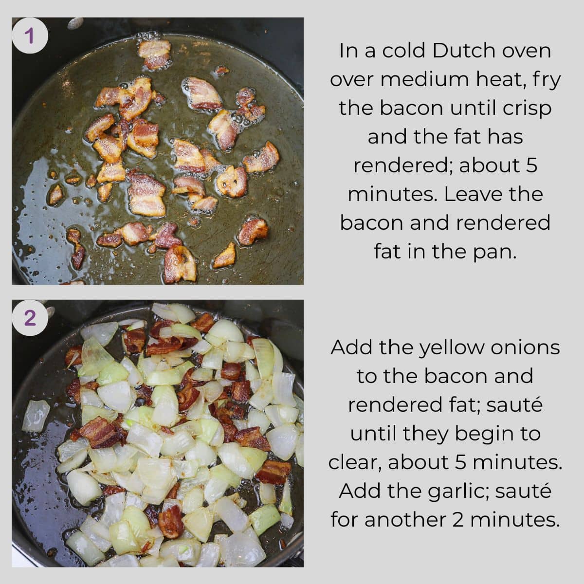 Bacon frying in a Dutch oven followed by onions sautéing in the rendered bacon fat.