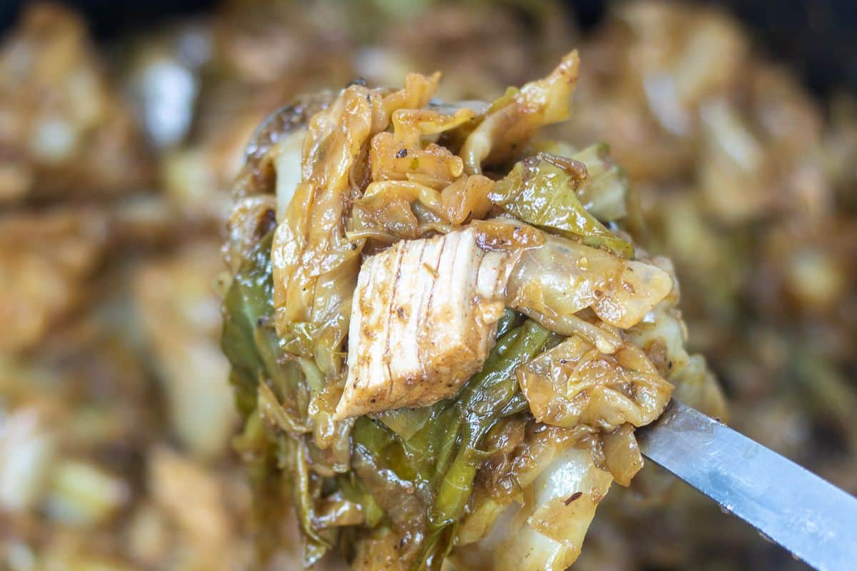 Close-up of tender Louisiana smothered cabbage with shredded pork and pieces of bacon.