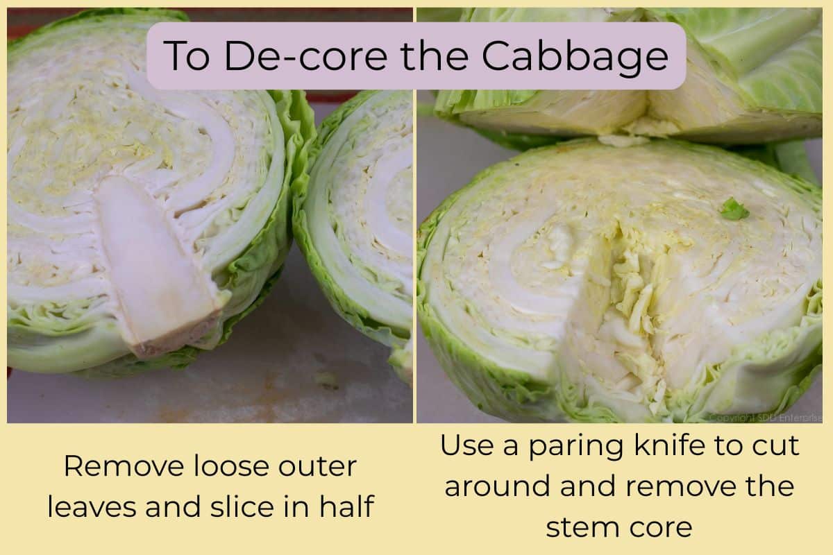 Removing the hard core from a halved head of green cabbage.