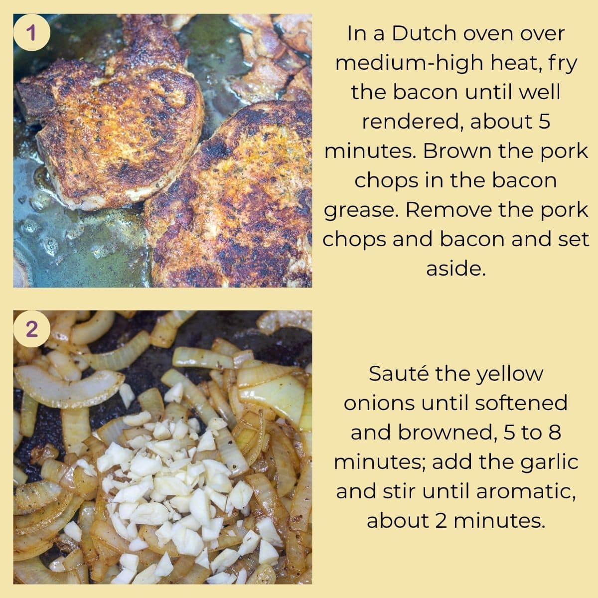 Bacon rendering and seasoned pork chops browning, followed by sliced onions and chopped garlic sautéing in the Dutch oven.
