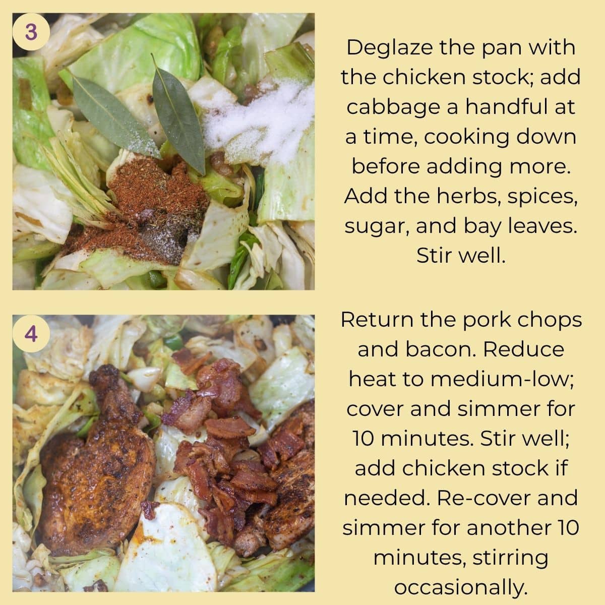 Cabbage cooking with chicken stock and seasonings before the browned pork chops and bacon are returned to the pot.