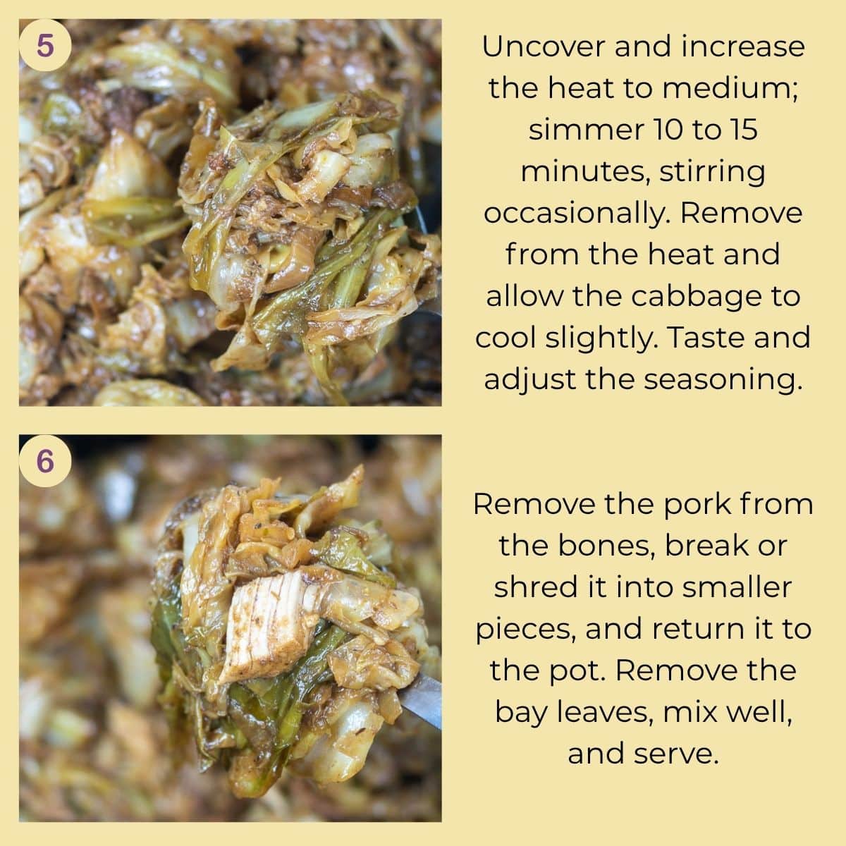 Tender smothered cabbage after uncovered cooking and a serving spoon holding cabbage with shredded pork.