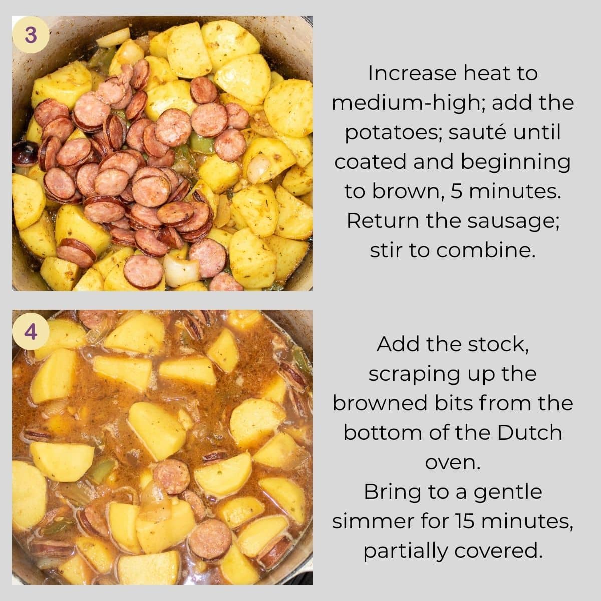 Potatoes and browned sausage mixed with the Trinity, then gently simmering in chicken stock.