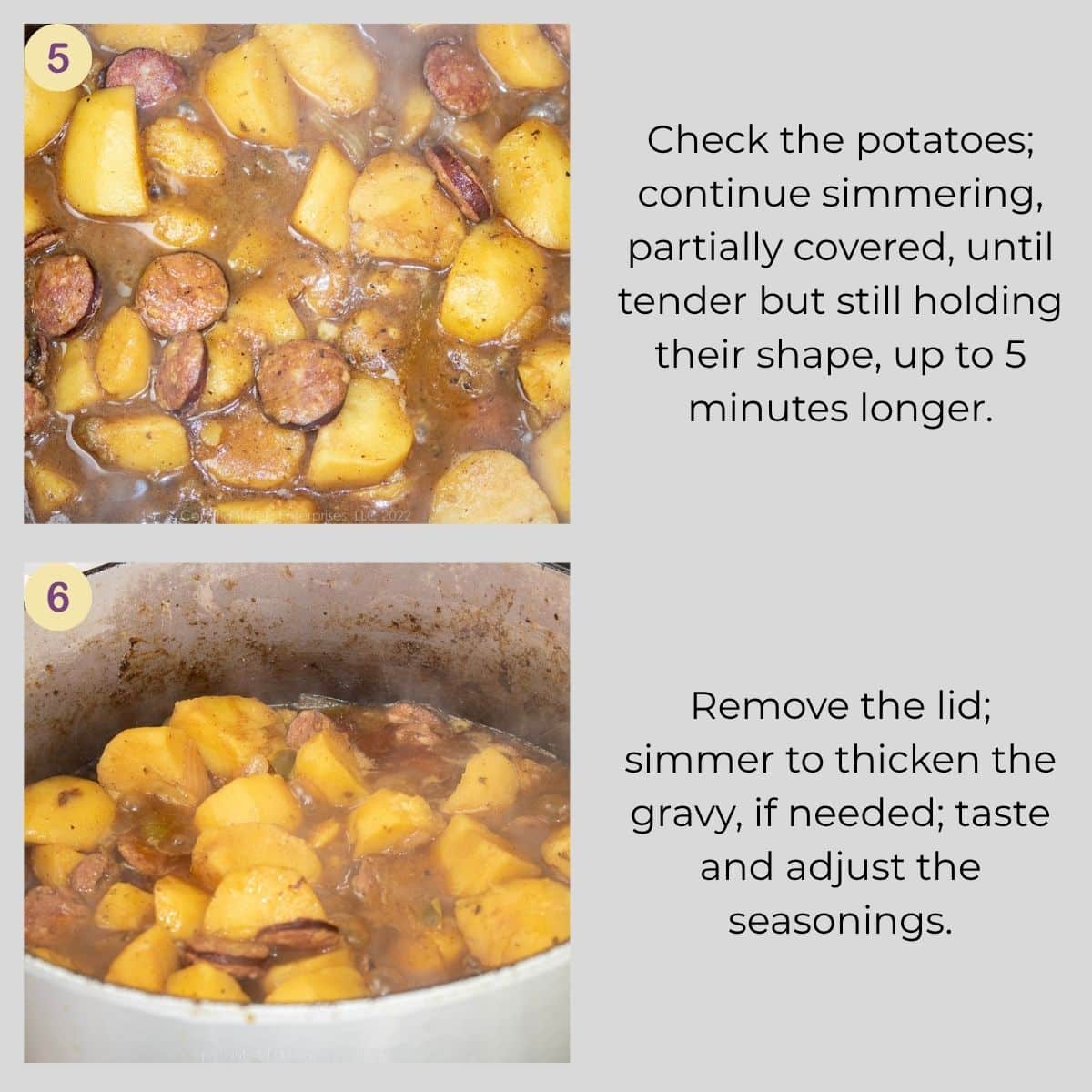 Smothered potatoes simmering until tender before the Dutch oven is uncovered to thicken the gravy.
