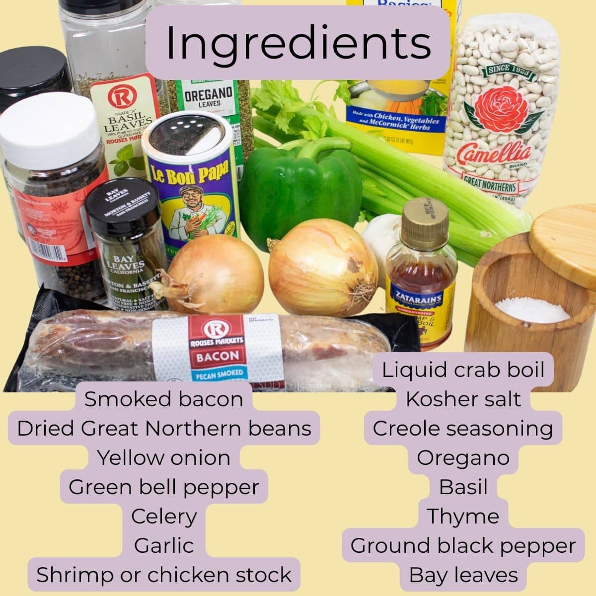 Ingredients for white beans and shrimp, including Great Northern beans, bacon, Trinity vegetables, stock, herbs, and seasonings