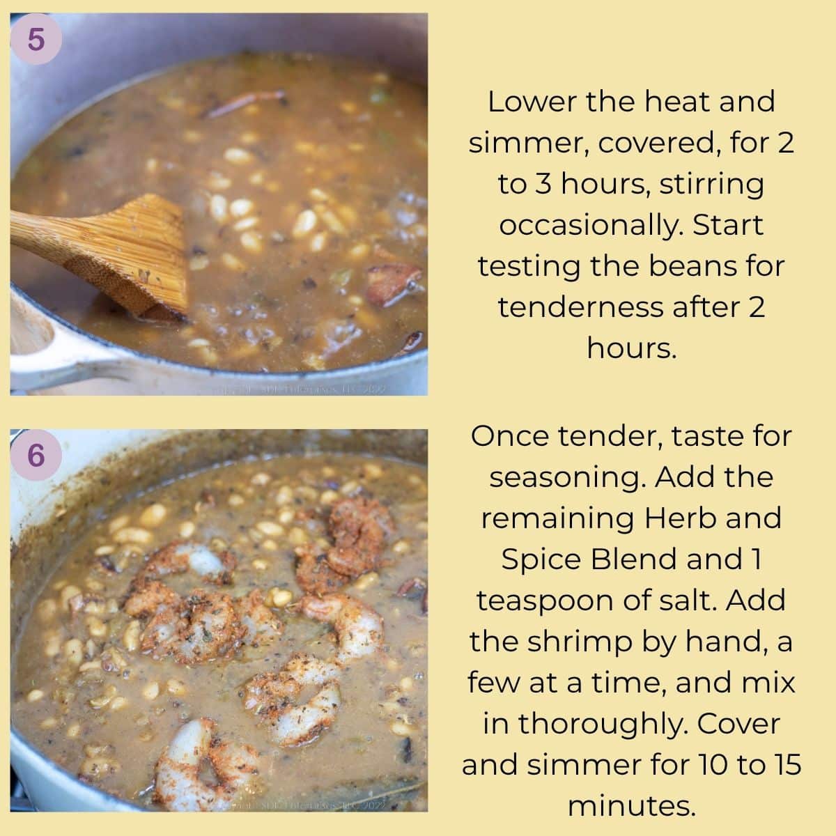 White beans simmering until tender, followed by seasoned shrimp added to the Dutch oven