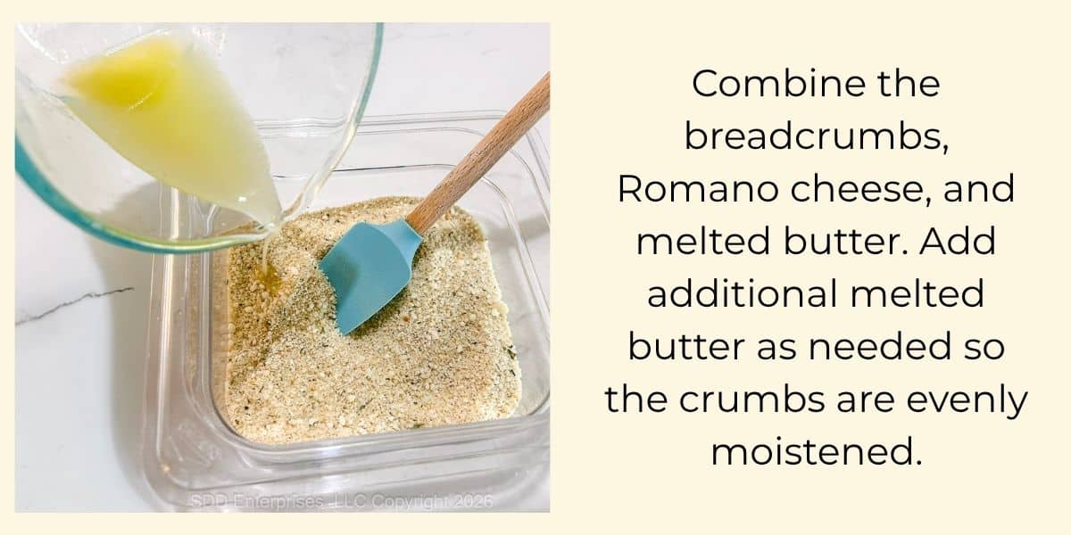 Melted butter being mixed with seasoned breadcrumbs and Romano cheese for the creamed spinach topping.
