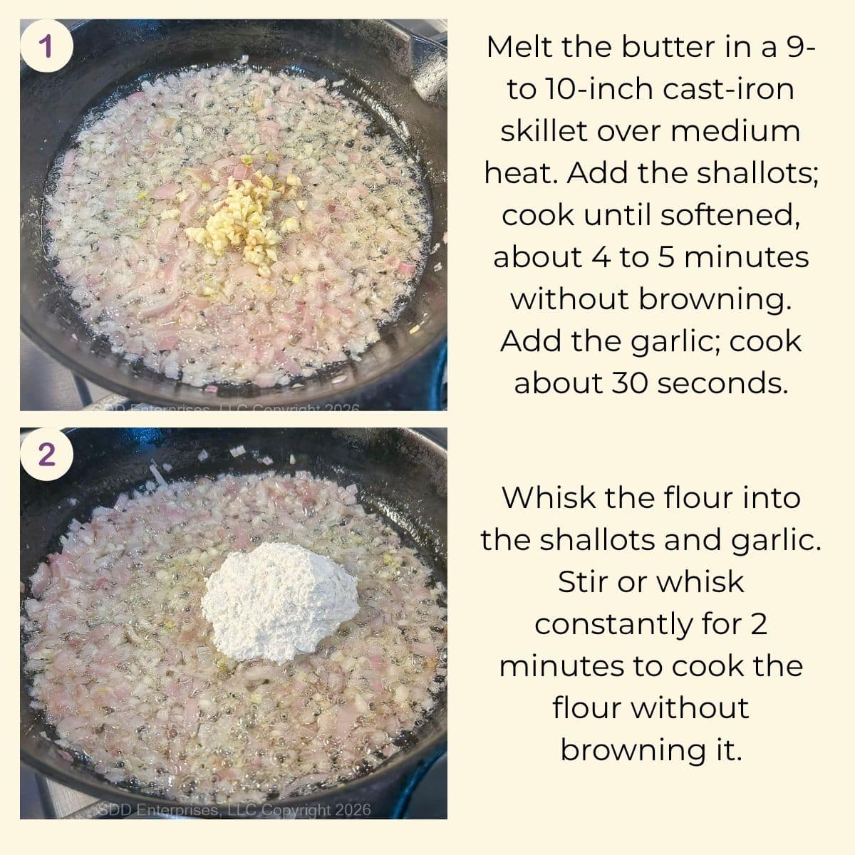 Shallots and garlic cooking in butter, followed by flour added to form a pale roux for creamed spinach.