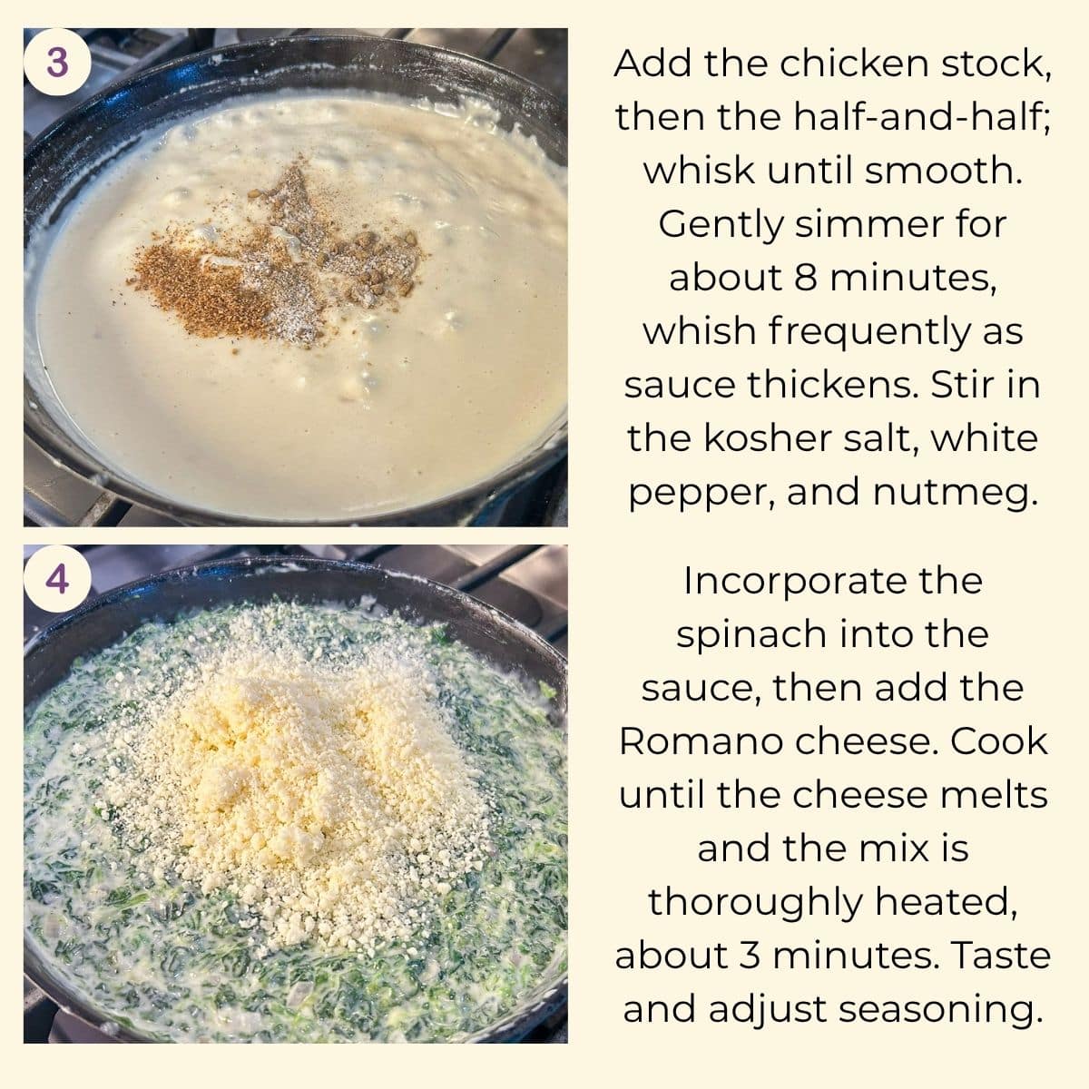 Cream sauce thickening in a skillet followed by drained spinach and Romano cheese added to make creamed spinach.