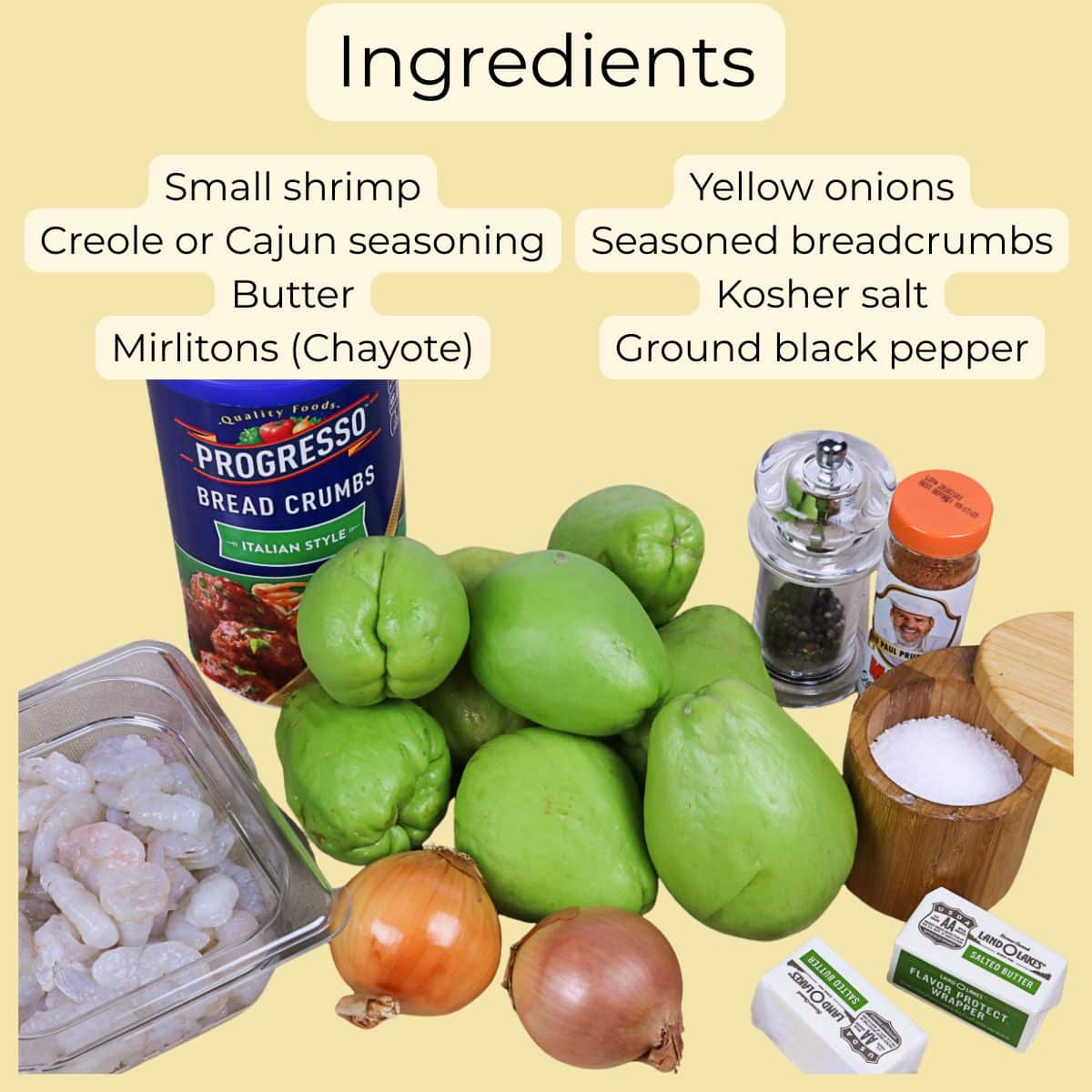 Ingredients for mirliton casserole with shrimp, including mirlitons, shrimp, onions, butter, breadcrumbs, Creole seasoning, salt, and black pepper