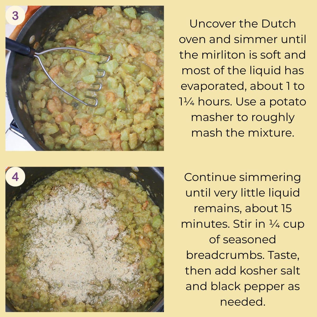 Softened mirliton mixture being roughly mashed, mixed with breadcrumbs, and seasoned to taste.
