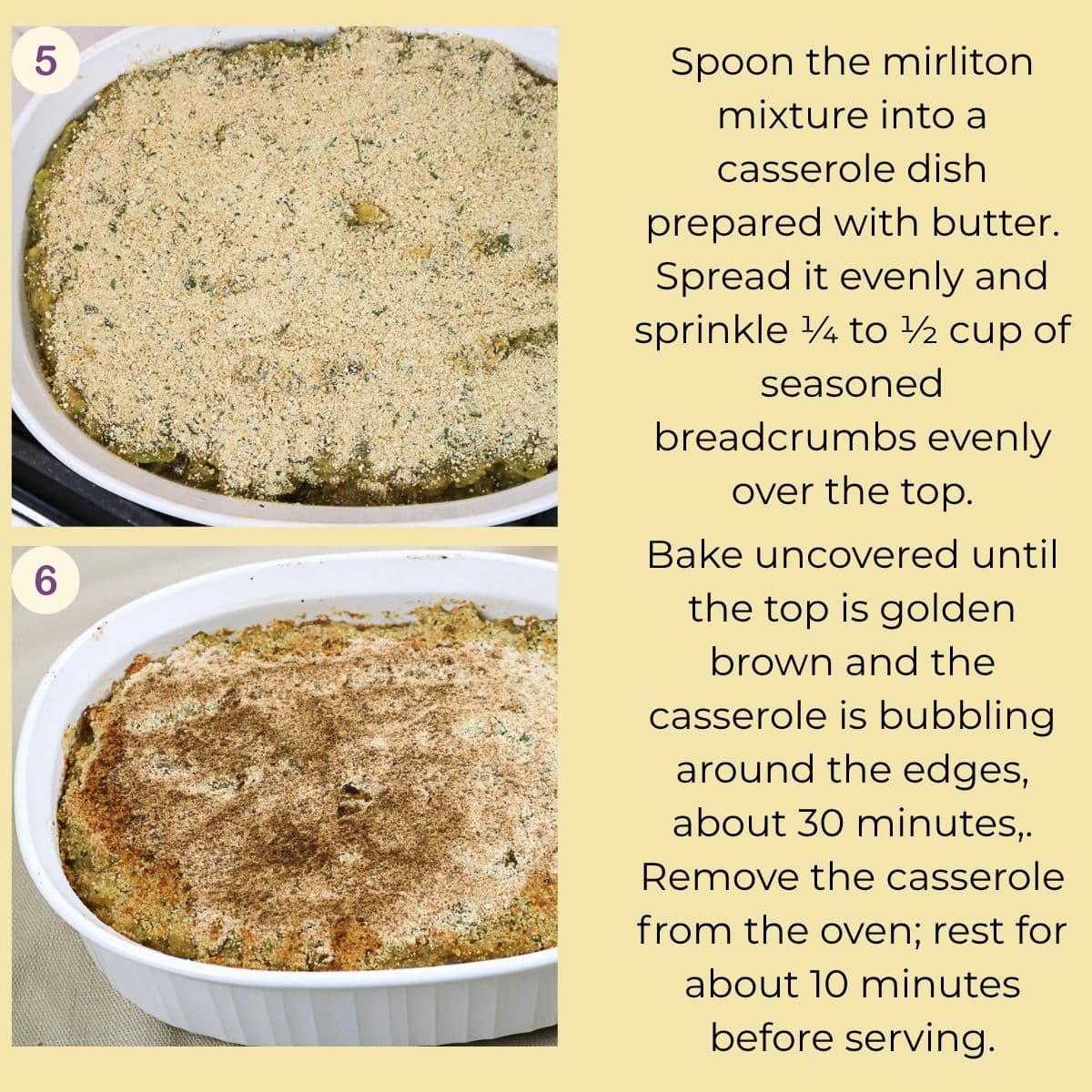 Mirliton casserole topped with breadcrumbs before baking and browned after baking
